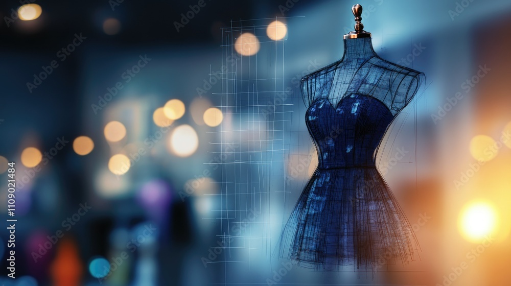 Poster A detailed fashion design sketch set against a blueprint backdrop, with soft bokeh lights creating a dreamy, stylish atmosphere in the studio