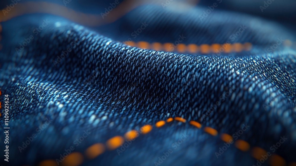 Poster close-up view of soft denim fabric with intricate stitching details and textured surface, showcasing