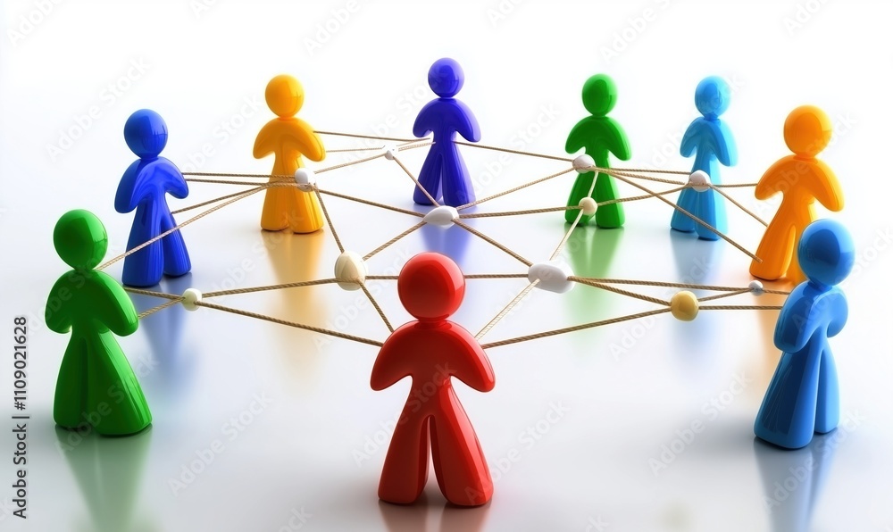 Poster network connection representation with colorful figures, interconnected by strings, symbolizing coll