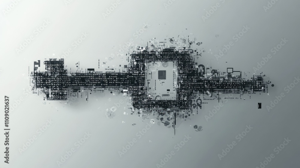 Poster A digital key composed of code and symbols, against a grey background, symbolizing unlocking technology or digital information. Great for tech-oriented designs.