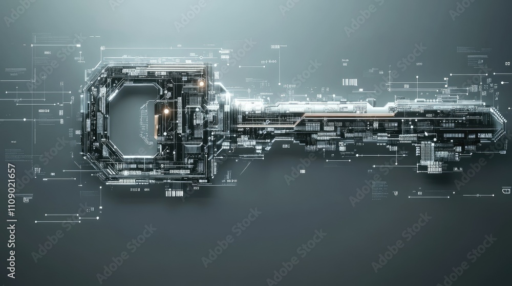 Aufkleber a digital key composed of code and symbols, against a grey background, symbolizing unlocking technol