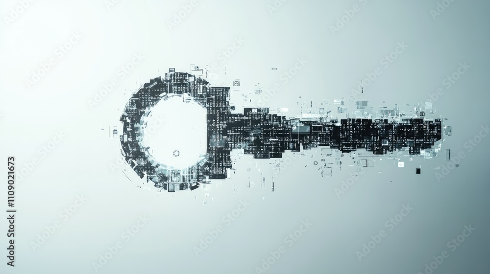 Poster a digital key composed of code and symbols, against a grey background, symbolizing unlocking technol