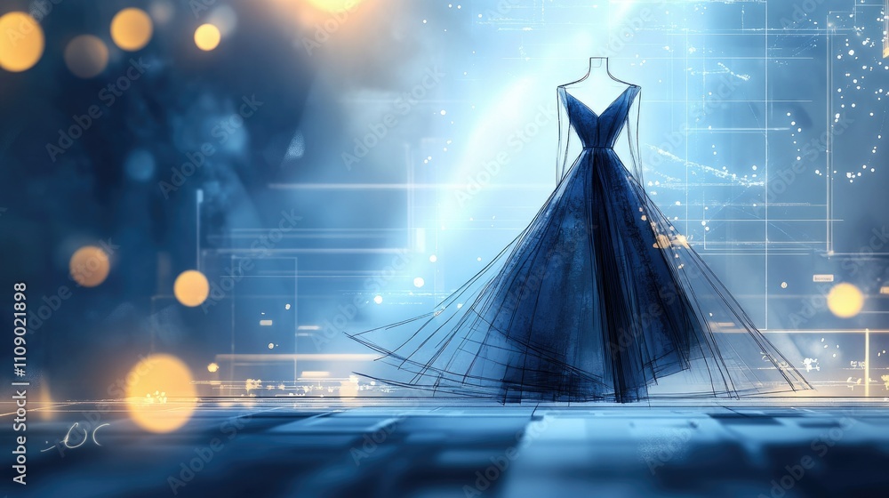 Poster A fashion design sketch with elegant lines and details, set against a blueprint background and bokeh lights, reflecting a stylish studio atmosphere