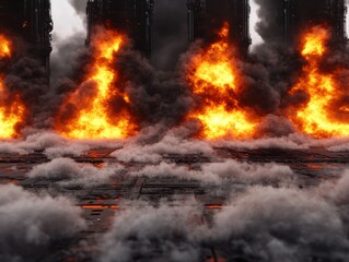 A dramatic scene featuring flames and dense smoke, creating an intense atmosphere, possibly depicting destruction or a fiery environment.