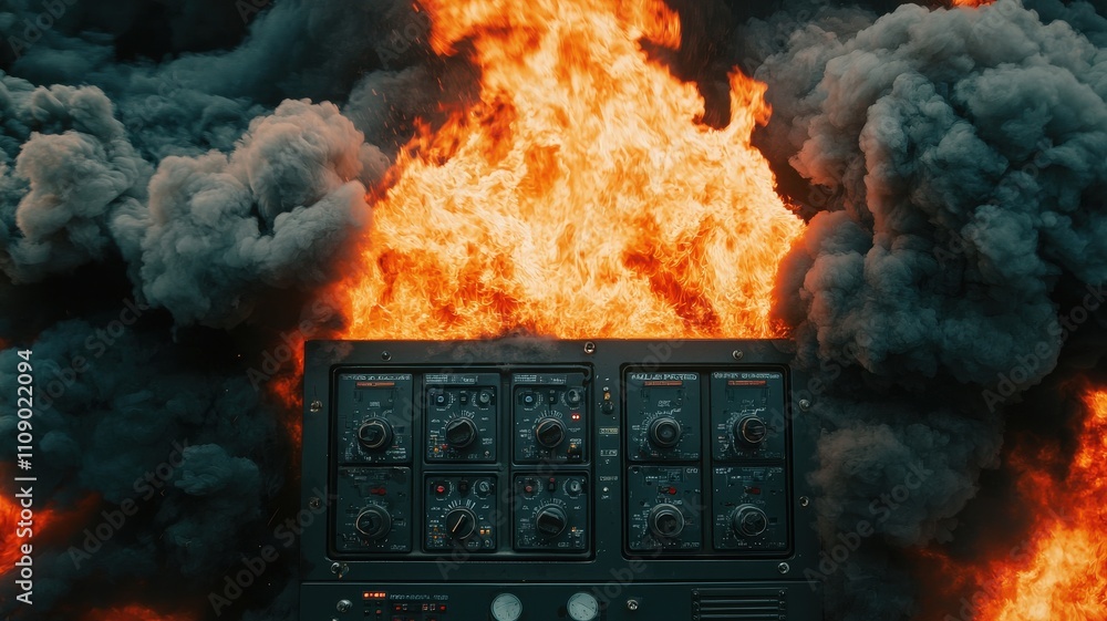 Poster a control panel is engulfed in flames and smoke, creating a dramatic and intense scene of destructio