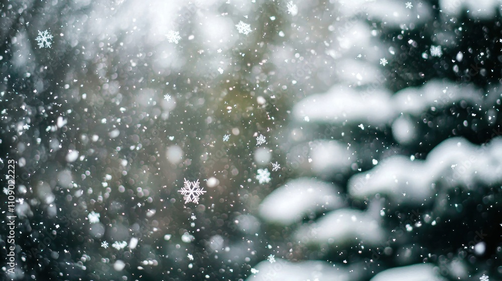 Poster falling snowflakes in a close-up, creating a magical winter atmosphere with blurry trees in the back