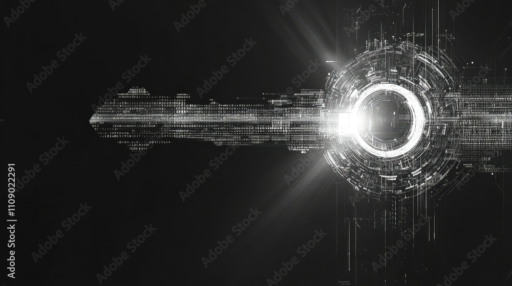 Poster A grey background with a key designed from digital code, representing encrypted access or digital transformation, perfect for technology or security themes.