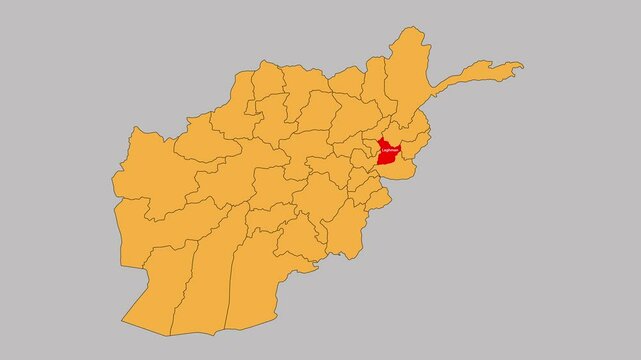 Laghman map animated video. The location is highlighted on the Afghanistan map. Colour map with Gray background in video format.