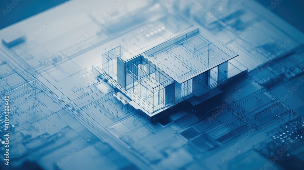 Poster a high-quality blueprint of a modern house, with accompanying 3d visuals and technical plans, showca