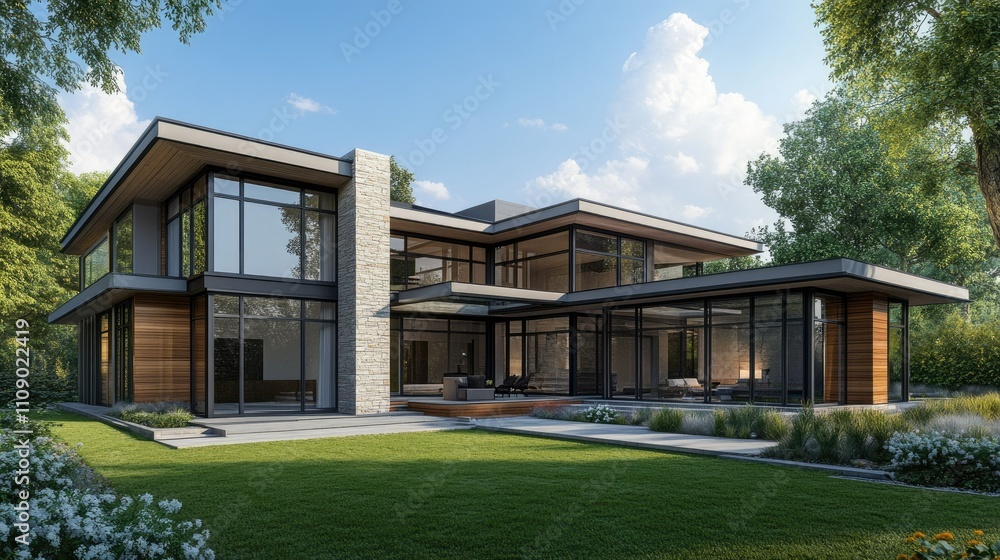 Poster a high-quality blueprint of a modern house, with accompanying 3d visuals and technical plans, showca