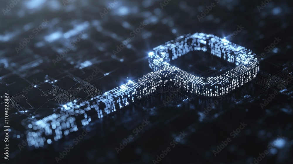 Poster A key formed from digital code on a grey background, symbolizing access to information or technology. Ideal for cyber security or tech-themed visuals.