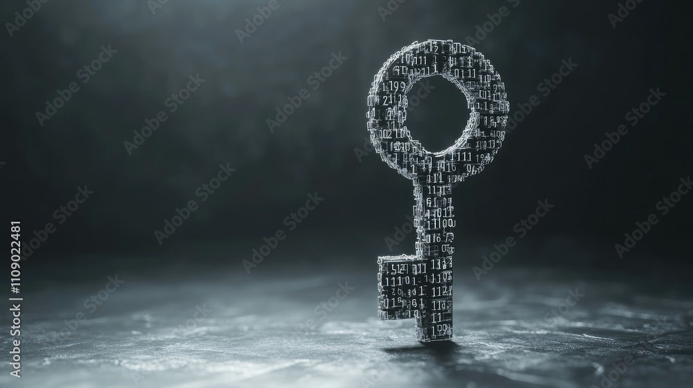 Poster A key made of flowing binary code, set against a sleek grey background. Perfect for themes of digital security, data protection, or tech innovation.