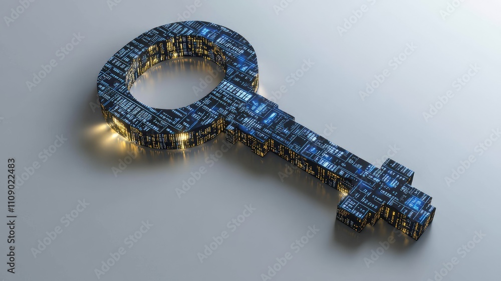 Poster A key shaped from programming code on a grey background, representing access to digital systems or secure data. Ideal for cyber security marketing.