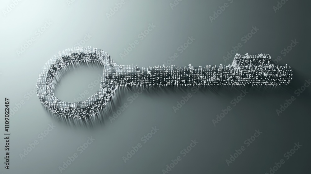 Poster A key made of flowing binary code, set against a sleek grey background. Perfect for themes of digital security, data protection, or tech innovation.