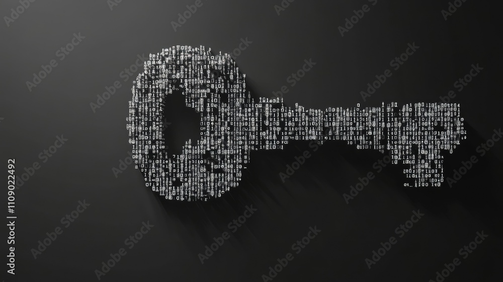 Poster A key made of flowing binary code, set against a sleek grey background. Perfect for themes of digital security, data protection, or tech innovation.