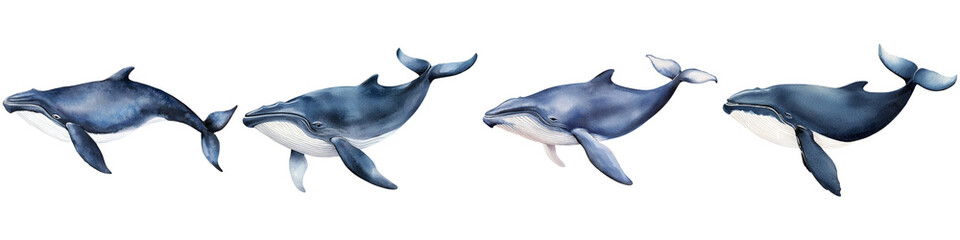 Under sea watercolor, A series of four whales swimming in a coordinated manner, showcasing their streamlined bodies and graceful movements.