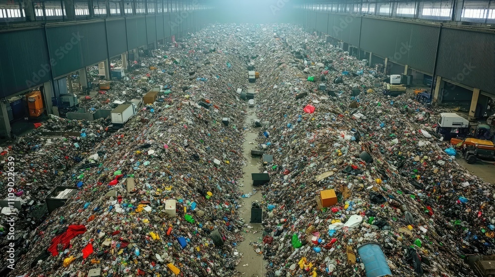 Poster a large pile of mixed garbage overflowing in a recycling center warehouse, emphasizing waste managem
