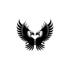 Obraz premium Silhouette of two eagle heads facing each other, Black and white illustration two eagle vector silhouette