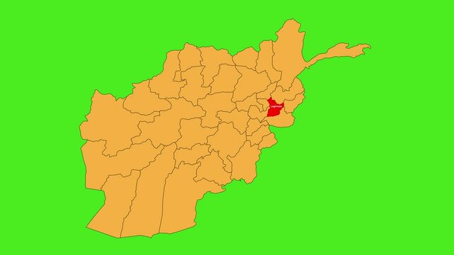 Laghman map animated video. The location is highlighted on the Afghanistan map. Colour map with Green screen background in video format.