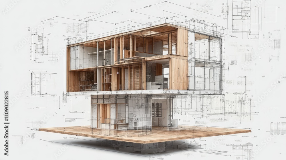 Poster A modern house blueprint featuring 3D renderings and technical diagrams, highlighting the intricate details of architectural design