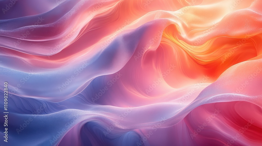 Poster abstract fluid waves of color in soft gradient tones, smooth textures and flowing patterns creating 