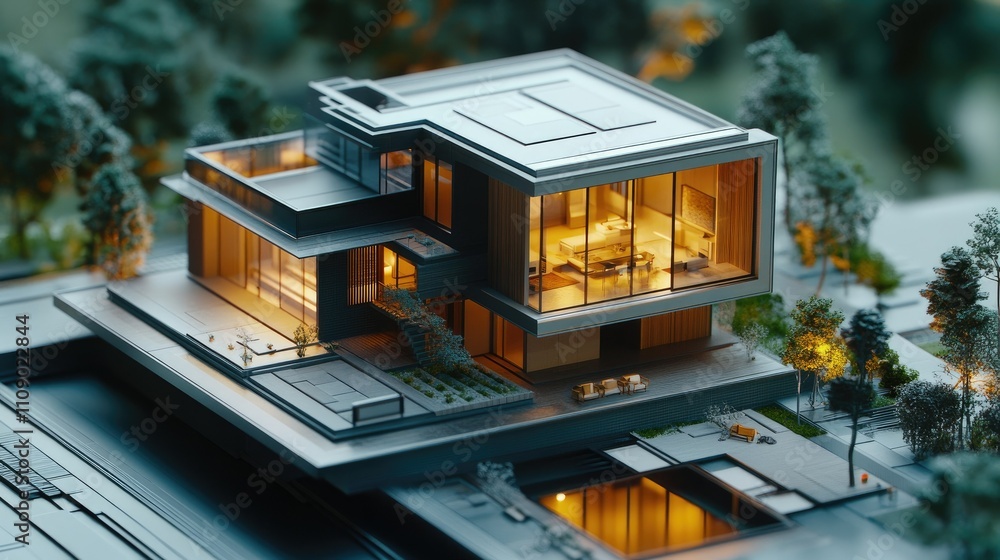 Poster a modern house blueprint featuring 3d renderings and technical diagrams, highlighting the intricate 