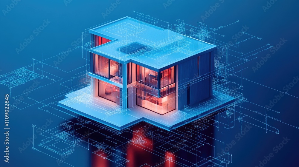 Aufkleber a modern house blueprint featuring 3d renderings and technical diagrams, highlighting the intricate 