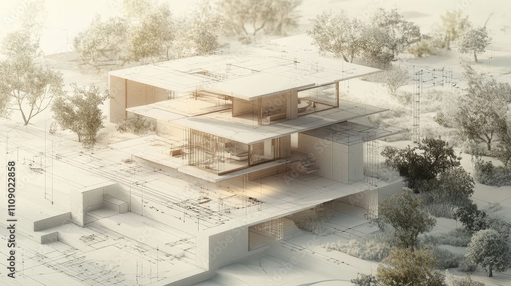 Poster a modern house blueprint featuring 3d renderings and technical diagrams, highlighting the intricate 