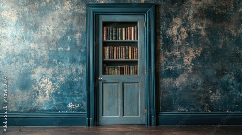 Aufkleber A mysterious secret bookshelf hidden behind a door, creating a sense of intrigue and wonder. Perfect for creative storytelling or escape room concepts.