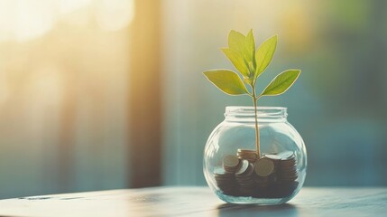 Plant growing in a jar of coins symbolizes investment