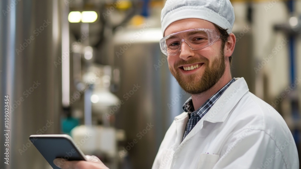 Poster smiling technician in a lab coat using a tablet