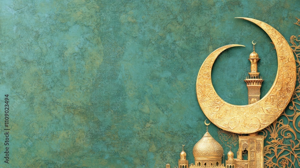 Fototapete a ramadan banner featuring a golden crescent moon and mosque with intricate patterns on a green back