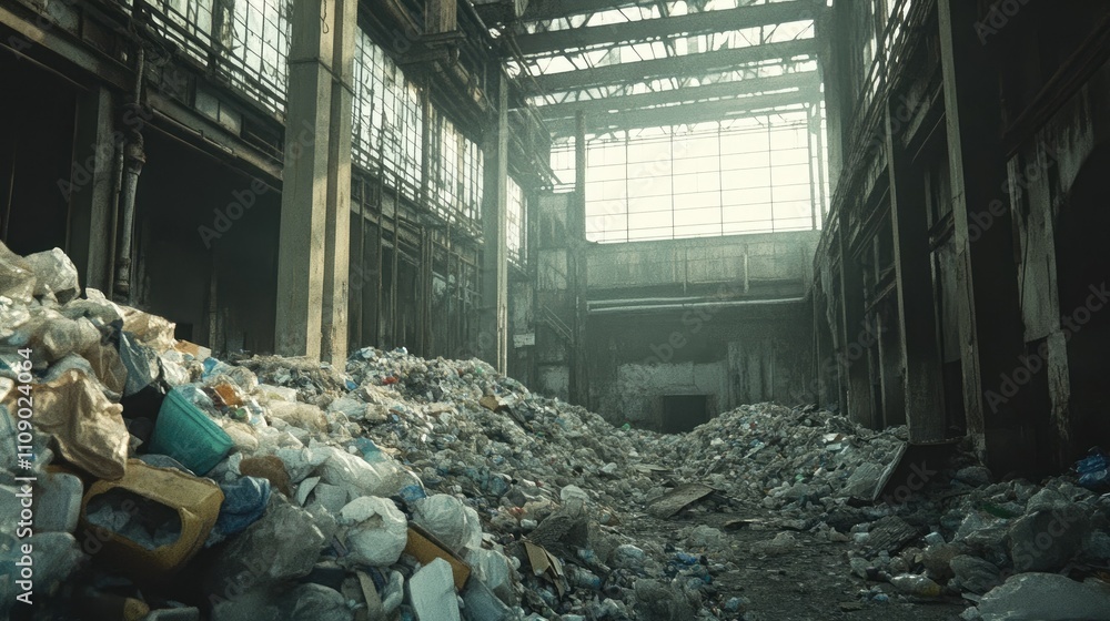 Poster A scene of garbage piling up inside an abandoned factory, showcasing the decaying structure and accumulation of waste
