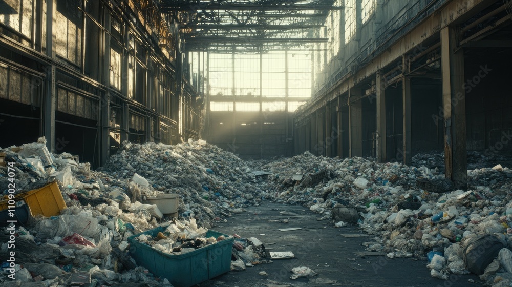 Poster A scene of garbage piling up inside an abandoned factory, showcasing the decaying structure and accumulation of waste