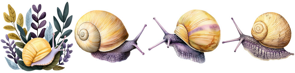 Obraz premium Under sea watercolor, A series of colorful snails with distinct shells, showcasing their unique patterns and textures.