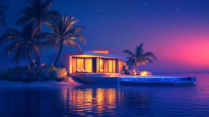 Fototapeta premium Modern luxury villa with pool on a small island at night 