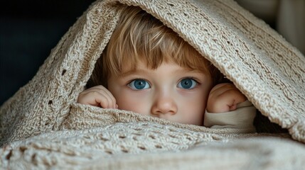 Hiding moment where a child hides under a blanket, illustrating innocence and the desire for comfort in a playful way
