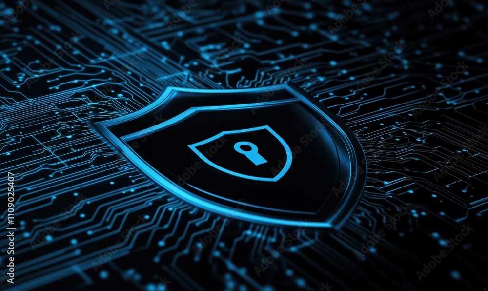 Poster cybersecurity shield with lock symbol, digital circuit background, representing data protection and 