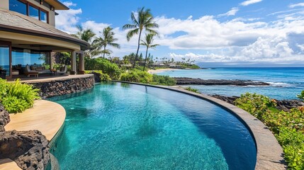 Fototapeta premium Luxurious Sunset Beach House featuring an Infinity Pool and Breathtaking Ocean Views