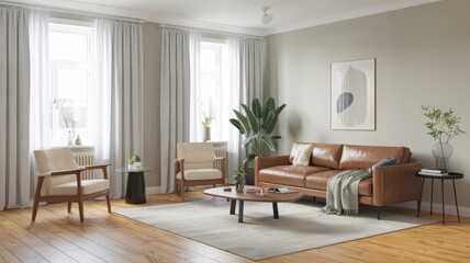 Fototapeta premium Stylish and Modern Living Room with Natural Light and Cozy Decor. Explore this elegant living room featuring a leather sofa, chic chairs, and lush greenery, perfect for modern interiors.