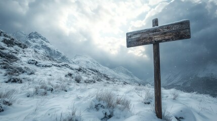 A weathered wooden signpost standing in a snowy mountain landscape, under a dramatic cloudy sky. Ideal for outdoor adventure or nature-themed visuals.