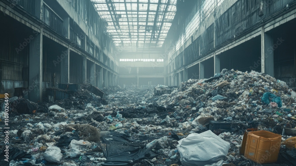 Poster an abandoned factory building filled with heaps of garbage, portraying urban decay and the neglect o