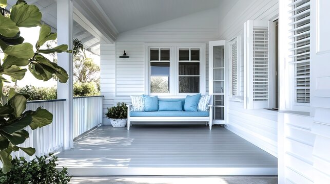 Modern retro beach hut coastal veranda porch back door entrance sofa bench white aqua turquoise weatherboard Hamptons luxury deck shack entrance patio pergola house seaside chic Australia summer home 