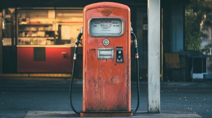 An ancient gas pump at a retro gas station, evoking nostalgia and history. Ideal for vintage or Americana-themed visuals.