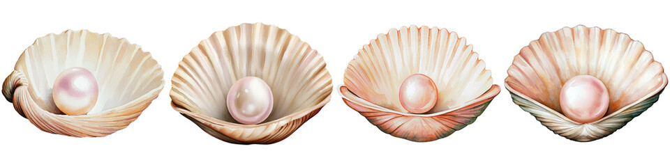 Fototapeta premium Under sea watercolor, Four open shells with pearls nestled inside, showcasing their natural beauty and intricacies.