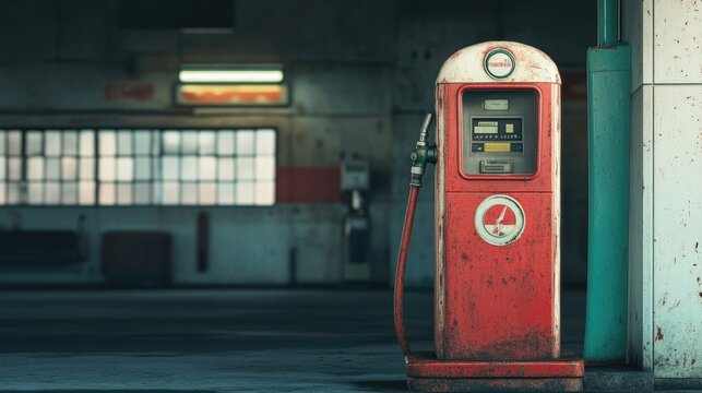 An ancient gas pump at a retro gas station, evoking nostalgia and history. Ideal for vintage or Americana-themed visuals.