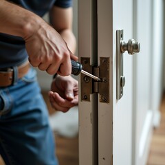 A man uses a screwdriver to adjust a door hinge, showcasing a hands on approach to home maintenance