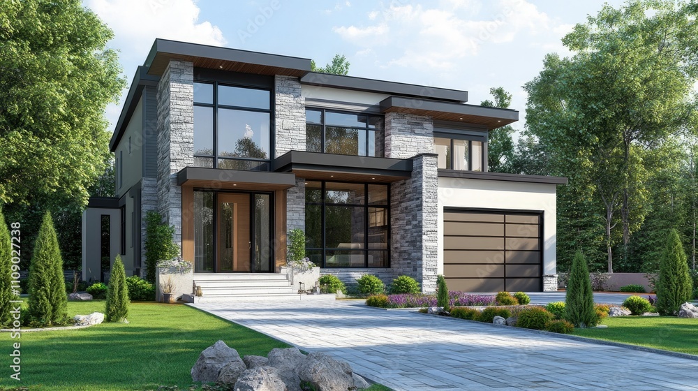Poster Architectural plans for a modern house with 3D rendering and technical drawings displayed as part of the building design process