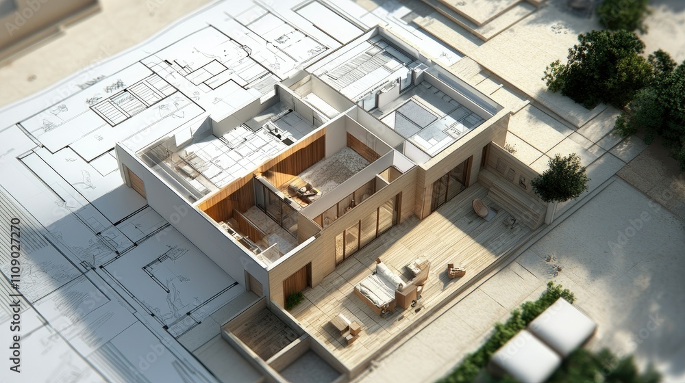 Poster Architectural plans for a modern house with 3D rendering and technical drawings displayed as part of the building design process