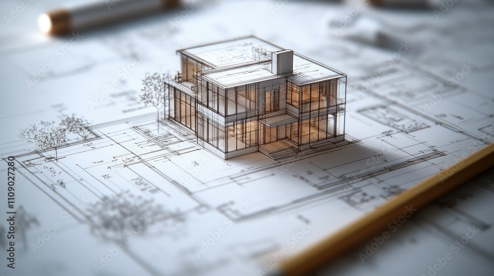 Aufkleber Architectural plans for a modern house with 3D rendering and technical drawings displayed as part of the building design process